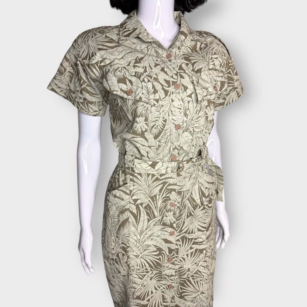 Vintage Late 1970s Early 80s Green Tropical Print Cotton Midi Dress - Picture 4 of 8